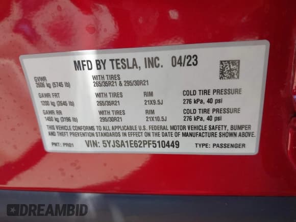 ✅ 2023 Tesla Model S Plaid • VIN: 5YJSA1E62PF510449 • Lot: 42527915. Listed on IAAI with 28,904 mi. Free auction sales archive from the USA and detailed vehicle history report at DreamBid. Image 9.