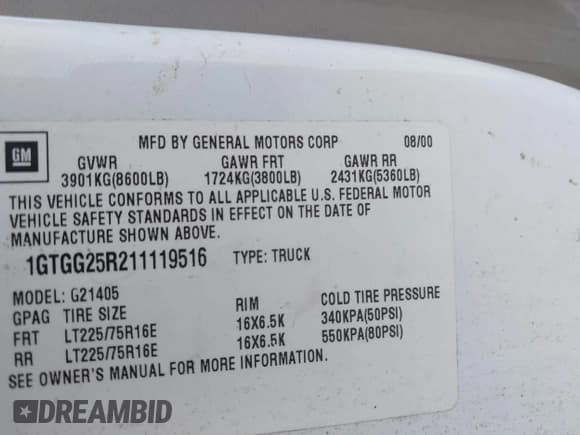 ✅ 2001 GMC Savana • VIN: 1GTGG25R211119516 • Лот: 42361270. Опубликован ранее на IAAI с пробегом 152 076 миль. Бесплатный доступ к архиву аукционных продаж из США и подробный отчёт об истории автомобиля на DreamBid. Изображение 9.