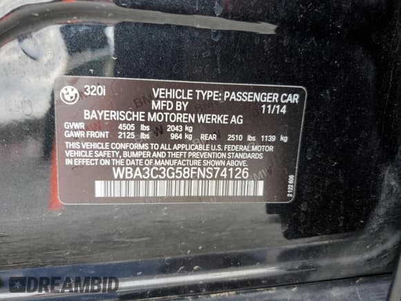 ✅ 2015 BMW 3 Series 320i xDrive • VIN: WBA3C3G58FNS74126 • Lot: 92340875. Listed on Copart with 177,006 mi. Free auction sales archive from the USA and detailed vehicle history report at DreamBid. Image 12.