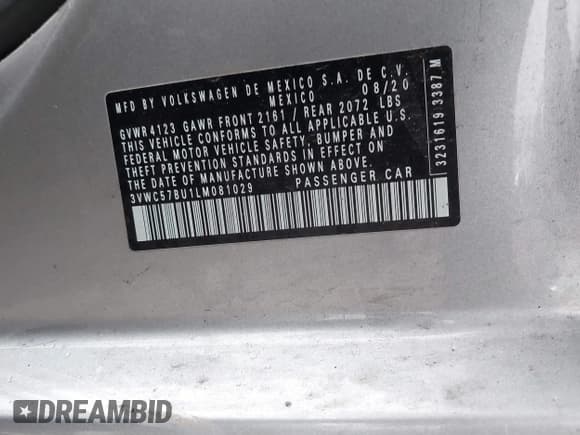 ✅ 2020 Volkswagen Jetta S • VIN: 3VWC57BU1LM081029 • Lot: 41165073. Listed on IAAI with 17,044 mi. Free auction sales archive from the USA and detailed vehicle history report at DreamBid. Image 9.