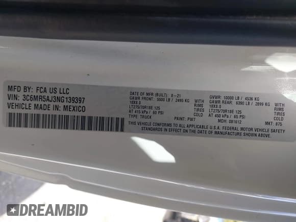 ✅ 2022 Ram 2500 Tradesman • VIN: 3C6MR5AJ3NG139397 • Lot: 43267574. Wystawiony na IAAI z przebiegiem 36 655 mil. Bezpłatny archiwum sprzedaży aukcyjnych z USA i szczegółowy raport historii pojazdu na DreamBid. Zdjęcie 9.