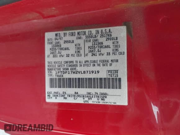 ✅ 1997 Ford F-150 • VIN: 1FTDF17W2VLB71919 • Лот: 42708025. Опубликован ранее на IAAI с пробегом 165 369 миль. Бесплатный доступ к архиву аукционных продаж из США и подробный отчёт об истории автомобиля на DreamBid. Изображение 9.