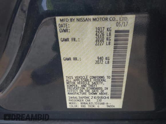 ✅ 2017 Nissan Altima SL • VIN: 1N4AL3AP0HC269804 • Lot: 42747798. Listed on IAAI with 128,777 mi. Free auction sales archive from the USA and detailed vehicle history report at DreamBid. Image 9.