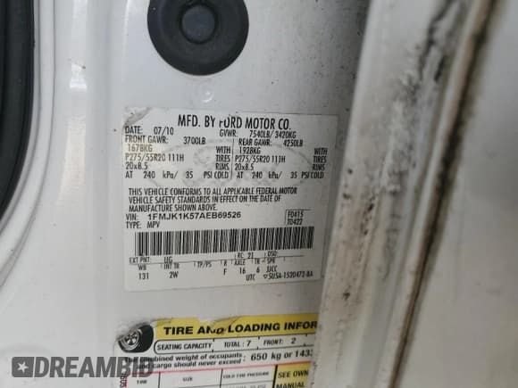 ✅ 2010 Ford Expedition Max Limited • VIN: 1FMJK1K57AEB69526 • Lot: 69229645. Listed on Copart with 245,899 mi. Free auction sales archive from the USA and detailed vehicle history report at DreamBid. Image 12.