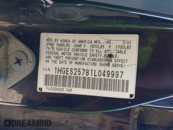 ✅ 2001 Honda Civic EX • VIN: 1HGES25781L049997 • Лот: 43394240. Опубликован ранее на IAAI с пробегом Не указан. Бесплатный доступ к архиву аукционных продаж из США и подробный отчёт об истории автомобиля на DreamBid. Изображение 9.