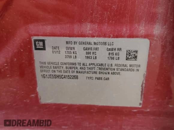 2012 Chevrolet Sonic LTZ with VIN 1G1JE5SH5C4152268, listed as a Copart auction lot 61047295 with 137,502 mi miles and Salvage title. Bid and sale history available at DreamBid. Image 12.