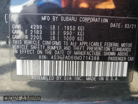 ✅ 2021 Subaru Impreza Premium • VIN: 4S3GTAD66M3714388 • Lot: 56729745. Listed on Copart with 53,676 mi. Free auction sales archive from the USA and detailed vehicle history report at DreamBid. Image 13.