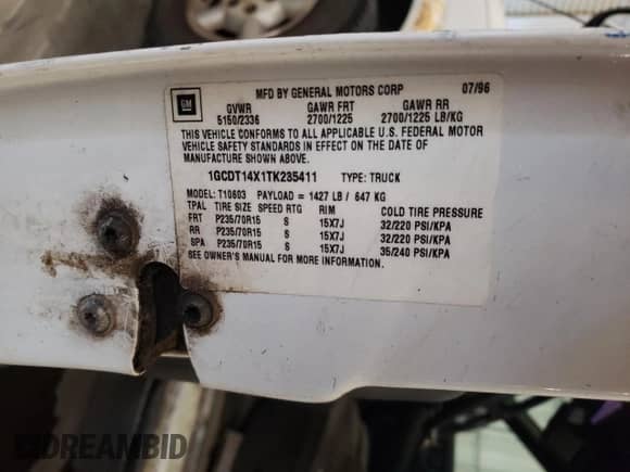 1996 Chevrolet S-10 с VIN 1GCDT14X1TK235411, выставлен на аукционе Copart как лот 55725135 с пробегом 222 430 миль миль и Чистый • Clean title. История ставок и продаж доступна на DreamBid. Изображение 12.