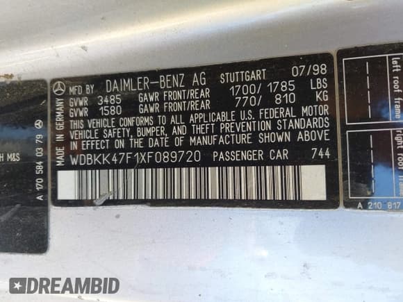 ✅ 1999 Mercedes-Benz SLK 230/320 • VIN: WDBKK47F1XF089720 • Lot: 42579464. Wystawiony na IAAI z przebiegiem 227 260 mil. Bezpłatny archiwum sprzedaży aukcyjnych z USA i szczegółowy raport historii pojazdu na DreamBid. Zdjęcie 9.