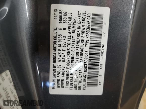 ✅ 2014 Honda CR-Z EX • VIN: JHMZF1D6XES001547 • Lot: 62578245. Listed on Copart with 71,881 mi. Free auction sales archive from the USA and detailed vehicle history report at DreamBid. Image 12.