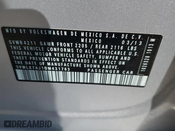 ✅ 2013 Volkswagen Jetta SEL • VIN: 3VWLX7AJ1DM431763 • Lot: 71806115. Listed on Copart with 128,598 mi. Free auction sales archive from the USA and detailed vehicle history report at DreamBid. Image 13.