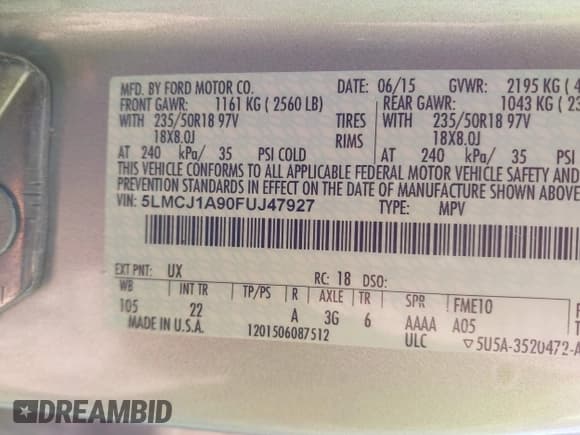 ✅ 2015 Lincoln MKC • VIN: 5LMCJ1A90FUJ47927 • Lot: 43104396. Listed on IAAI with 54,701 mi. Free auction sales archive from the USA and detailed vehicle history report at DreamBid. Image 9.