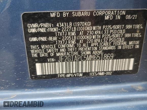 ✅ 2021 Subaru Crosstrek Premium • VIN: JF2GTAPC5MH651869 • Lot: 58562815. Listed on Copart with 32,471 mi. Free auction sales archive from the USA and detailed vehicle history report at DreamBid. Image 13.