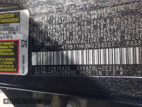 2019 Toyota Camry LE with VIN 4T1B11HK8KU256007, listed as a IAAI auction lot 42930126 with 107,264 mi miles and . Bid and sale history available at DreamBid. Image 9.