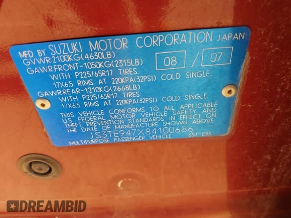 ✅ 2008 Suzuki Grand Vitara Luxury • VIN: JS3TE947X84100686 • Lot: 42182836. Listed on IAAI with 152,376 mi. Free auction sales archive from the USA and detailed vehicle history report at DreamBid. Image 9.