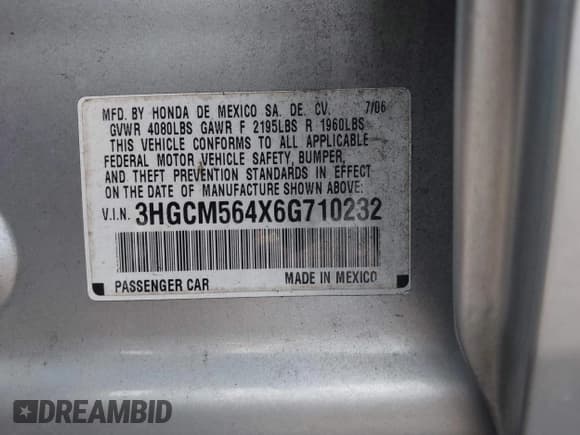✅ 2006 Honda Accord LX • VIN: 3HGCM564X6G710232 • Lot: 43398716. Listed on IAAI with 84,501 mi. Free auction sales archive from the USA and detailed vehicle history report at DreamBid. Image 9.