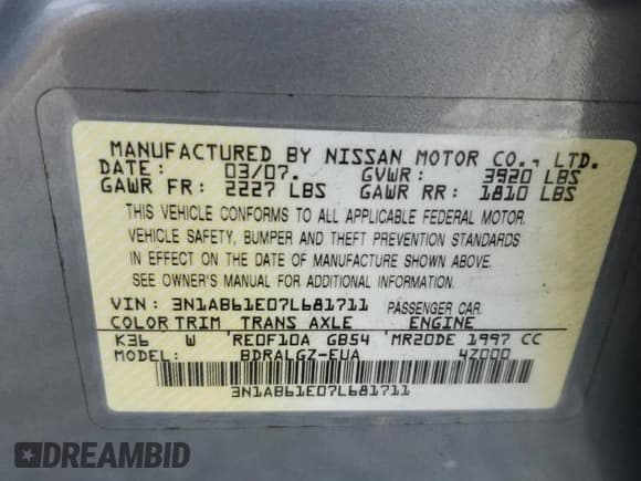 ✅ 2007 Nissan Sentra S • VIN: 3N1AB61E07L681711 • Lot: 92080385. Listed on Copart with 130,931 mi. Free auction sales archive from the USA and detailed vehicle history report at DreamBid. Image 12.