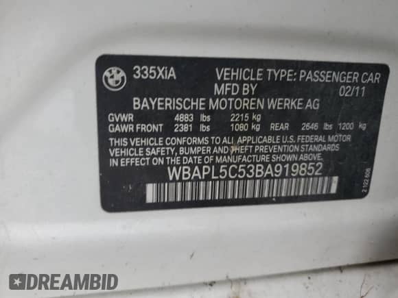 2011 BMW 3 Series 335i xDrive с VIN WBAPL5C53BA919852, выставлен на аукционе Copart как лот 90932905 с пробегом 153 467 миль миль и Чистый • Clean title. История ставок и продаж доступна на DreamBid. Изображение 12.