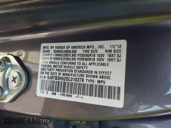 ✅ 2013 Acura RDX Technology • VIN: 5J8TB3H52DL010379 • Lot: 43751863. Listed on IAAI with 168,586 mi. Free auction sales archive from the USA and detailed vehicle history report at DreamBid. Image 9.