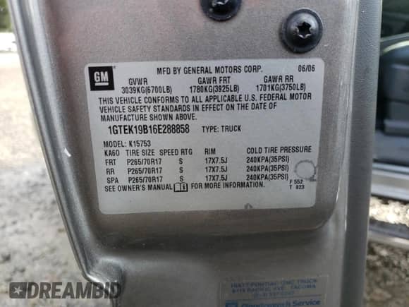 2006 GMC Sierra 1500 Work Truck with VIN 1GTEK19B16E288858, listed as a Copart auction lot 41773335 with 77,254 mi miles and Salvage title. Bid and sale history available at DreamBid. Image 12.