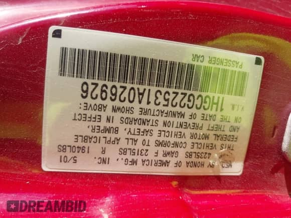 2001 Honda Accord EX z VIN 1HGCG22531A026926, wystawiony jako IAAI lot #43561897 z przebiegiem 318 749 mil mil oraz . Historia ofert i sprzedaży dostępna na DreamBid. Obrazek 9.