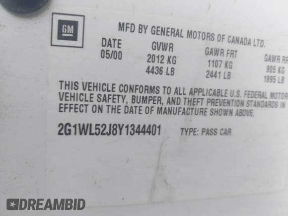 ✅ 2000 Chevrolet Lumina • VIN: 2G1WL52J8Y1344401 • Лот: 43824004. Опубликован ранее на IAAI с пробегом 175 546 миль. Бесплатный доступ к архиву аукционных продаж из США и подробный отчёт об истории автомобиля на DreamBid. Изображение 9.