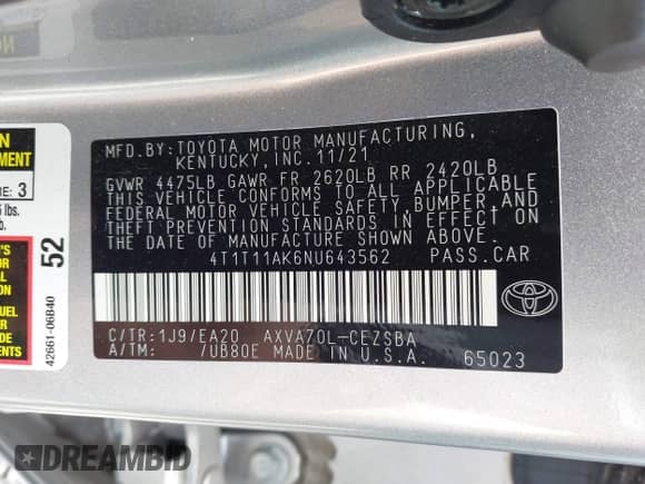 2022 Toyota Camry SE z VIN 4T1T11AK6NU643562, wystawiony jako IAAI lot #42478394 z przebiegiem 27 570 mil mil oraz . Historia ofert i sprzedaży dostępna na DreamBid. Obrazek 9.