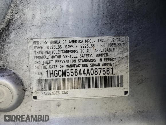 ✅ 2004 Honda Accord EX • VIN: 1HGCM55644A087561 • Lot: 77429814. Wystawiony na Copart z przebiegiem 244 446 mil. Bezpłatny archiwum sprzedaży aukcyjnych z USA i szczegółowy raport historii pojazdu na DreamBid. Zdjęcie 12.
