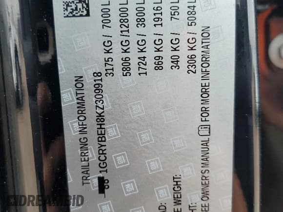 ✅ 2019 Chevrolet Silverado 1500 Custom • VIN: 1GCRYBEH8KZ309918 • Lot: 60553895. Wystawiony na Copart z przebiegiem 105 998 mil. Bezpłatny archiwum sprzedaży aukcyjnych z USA i szczegółowy raport historii pojazdu na DreamBid. Zdjęcie 12.