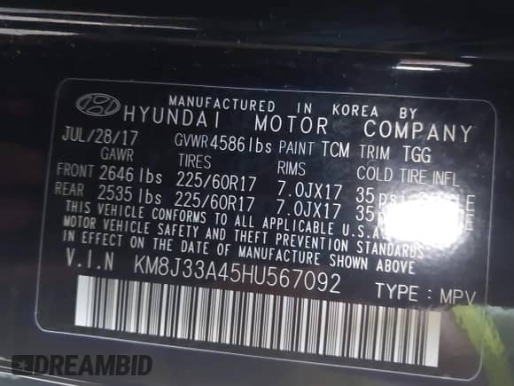 2017 Hyundai Tucson SE with VIN KM8J33A45HU567092, listed as a IAAI auction lot 43365936 with 96,379 mi miles and . Bid and sale history available at DreamBid. Image 9.