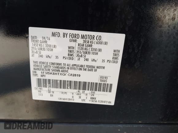 ✅ 2016 Ford Explorer Platinum • VIN: 1FM5K8HTXGGC82819 • Lot: 43627955. Listed on IAAI with 131,779 mi. Free auction sales archive from the USA and detailed vehicle history report at DreamBid. Image 9.