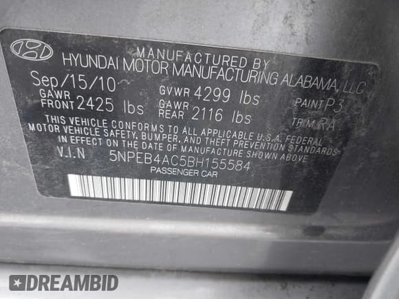 ✅ 2011 Hyundai Sonata GLS • VIN: 5NPEB4AC5BH155584 • Lot: 43612177. Listed on IAAI with 237,990 mi. Free auction sales archive from the USA and detailed vehicle history report at DreamBid. Image 9.