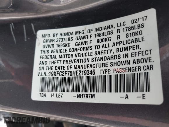 ✅ 2017 Honda Civic EX • VIN: 19XFC2F75HE219346 • Lot: 42378570. Listed on IAAI with 137,499 mi. Free auction sales archive from the USA and detailed vehicle history report at DreamBid. Image 9.