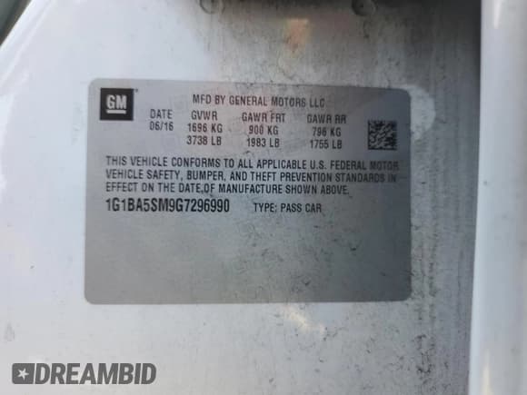 ✅ 2016 Chevrolet Cruze L • VIN: 1G1BA5SM9G7296990 • Lot: 59545915. Listed on Copart with 118,924 mi. Free auction sales archive from the USA and detailed vehicle history report at DreamBid. Image 12.