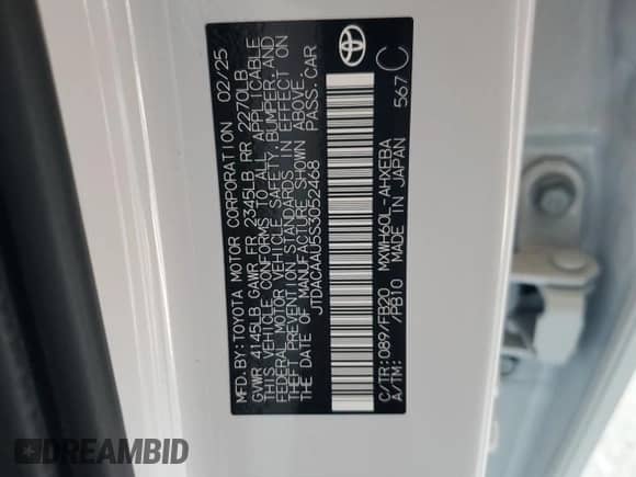 2025 Toyota Prius LE с VIN JTDACAAU5S3052468, выставлен на аукционе Copart как лот 81701345 с пробегом Не указан миль и Списание • Salvage title. История ставок и продаж доступна на DreamBid. Изображение 12.