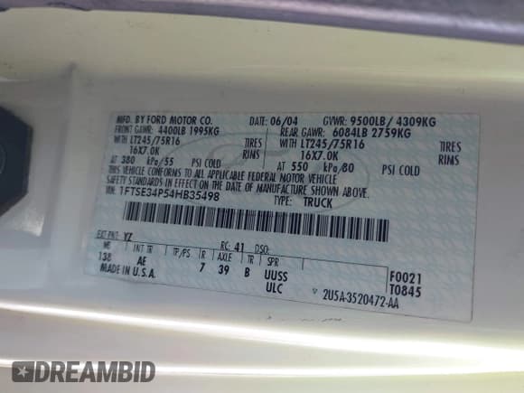 ✅ 2004 Ford Econoline Cargo Commercial • VIN: 1FTSE34P54HB35498 • Lot: 41970490. Listed on IAAI with 155,186 mi. Free auction sales archive from the USA and detailed vehicle history report at DreamBid. Image 9.