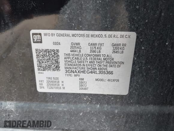 ✅ 2024 Chevrolet Equinox LS • VIN: 3GNAXHEG4RL305366 • Lot: 42675045. Listed on IAAI with 54,174 mi. Free auction sales archive from the USA and detailed vehicle history report at DreamBid. Image 9.