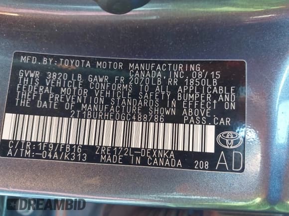 ✅ 2016 Toyota Corolla L • VIN: 2T1BURHE0GC488786 • Lot: 43276691. Listed on IAAI with 119,847 mi. Free auction sales archive from the USA and detailed vehicle history report at DreamBid. Image 9.