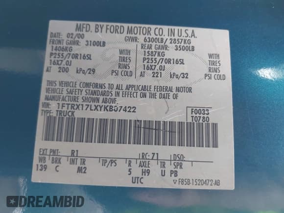 ✅ 2000 Ford F-150 XL • VIN: 1FTRX17LXYKB07422 • Lot: 43252968. Listed on IAAI with 480,466 mi. Free auction sales archive from the USA and detailed vehicle history report at DreamBid. Image 9.