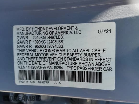 ✅ 2021 Honda Accord Touring • VIN: 1HGCV3F97MA019264 • Lot: 65292145. Listed on Copart with 90,514 mi. Free auction sales archive from the USA and detailed vehicle history report at DreamBid. Image 12.