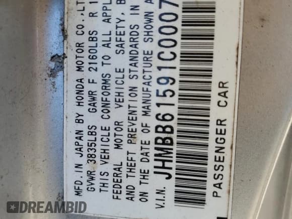 ✅ 2001 Honda Prelude SH • VIN: JHMBB61591C000724 • Lot: 62429865. Listed on Copart with 159,753 mi. Free auction sales archive from the USA and detailed vehicle history report at DreamBid. Image 12.