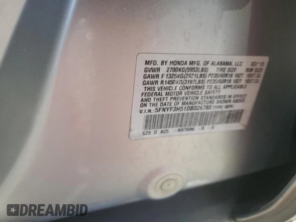 ✅ 2013 Honda Pilot EX-L • VIN: 5FNYF3H51DB026780 • Lot: 92992975. Listed on Copart with 190,971 mi. Free auction sales archive from the USA and detailed vehicle history report at DreamBid. Image 13.