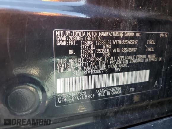 ✅ 2019 Toyota RAV4 LE • VIN: 2T3F1RFV1KC007716 • Лот: 86836305. Опубликован ранее на Copart с пробегом 190 242 миль. Бесплатный доступ к архиву аукционных продаж из США и подробный отчёт об истории автомобиля на DreamBid. Изображение 13.