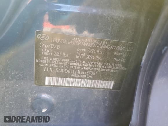 ✅ 2020 Hyundai Elantra SEL • VIN: 5NPD84LF1LH537081 • Lot: 85357525. Listed on Copart with Not provided. Free auction sales archive from the USA and detailed vehicle history report at DreamBid. Image 12.