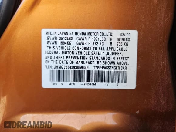 ✅ 2009 Honda Fit Sport • VIN: JHMGE88439S069349 • Lot: 91662605. Listed on Copart with 215,785 mi. Free auction sales archive from the USA and detailed vehicle history report at DreamBid. Image 12.