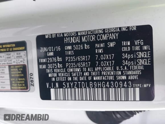 ✅ 2017 Hyundai Santa Fe 2.4L • VIN: 5XYZTDLB9HG430943 • Lot: 43418868. Listed on IAAI with Not provided. Free auction sales archive from the USA and detailed vehicle history report at DreamBid. Image 9.