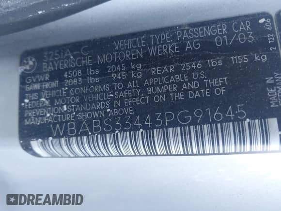 2003 BMW 3 Series 325Ci с VIN WBABS33443PG91645, выставлен на аукционе IAAI как лот 43428567 с пробегом Не указан миль и . История ставок и продаж доступна на DreamBid. Изображение 9.