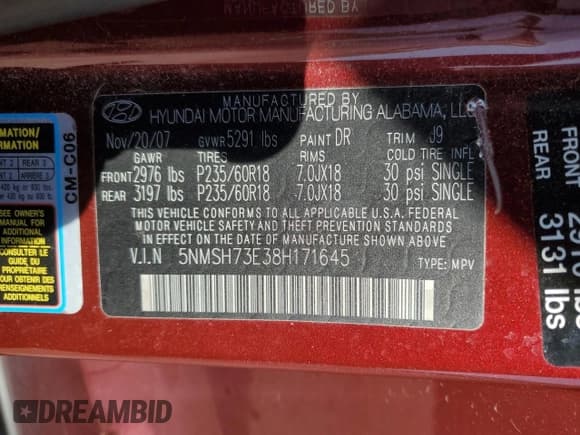 ✅ 2008 Hyundai Santa Fe SE • VIN: 5NMSH73E38H171645 • Lot: 75545434. Listed on Copart with Not provided. Free auction sales archive from the USA and detailed vehicle history report at DreamBid. Image 13.