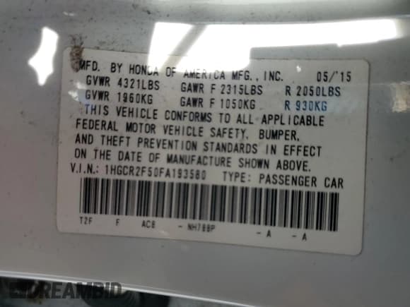 ✅ 2015 Honda Accord Sport • VIN: 1HGCR2F50FA193580 • Лот: 92968765. Опубликован ранее на Copart с пробегом 102 940 миль. Бесплатный доступ к архиву аукционных продаж из США и подробный отчёт об истории автомобиля на DreamBid. Изображение 13.