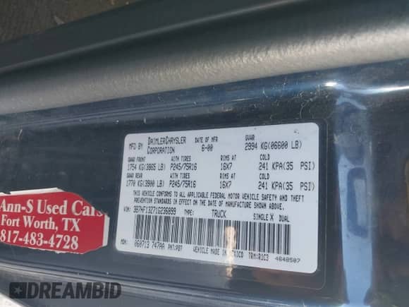 2001 Dodge 1500 with VIN 3B7HF13Z71G236899, listed as a IAAI auction lot 43498342 with 172,724 mi miles and . Bid and sale history available at DreamBid. Image 9.